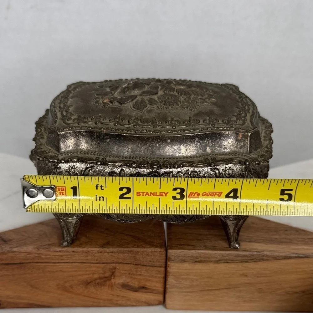 Vintage Ornate Rococo Silver Jewelry Casket with Red Lining